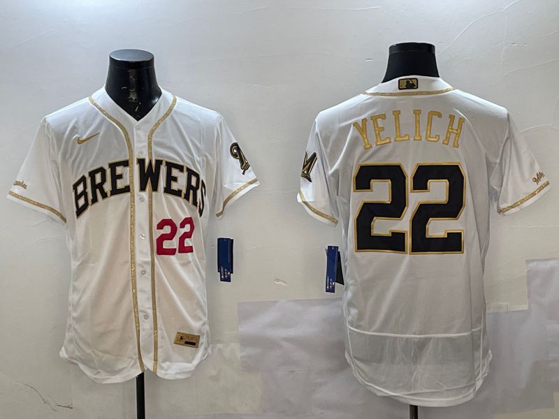 Men Milwaukee Brewers #22 Yelich White Gold Elite 2025 Nike MLB Jersey style 3